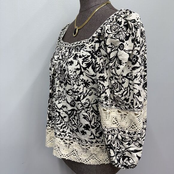 Christian Siriano Boho Peasant Top Size XL Linen Blend Black Floral Crochet Lace - Picture 8 of 12